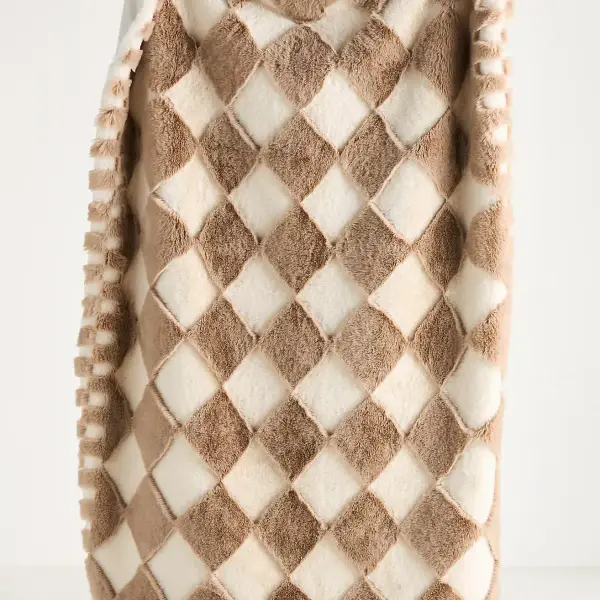 Carved Checkered Faux-Fur Throw Blanket