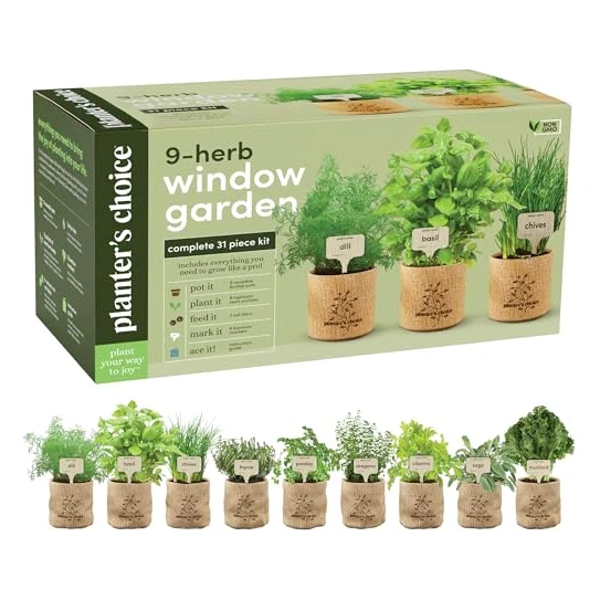 Planters' Choice 9 Herb Indoor Window Garden Kit - House Plants Seeds - Best Unique Christmas Gift Ideas for Women, Mom, Friend, Her, Birthday, Housewarming, Mother - New Home Kitchen Gifts