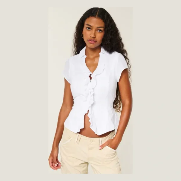 Short-Sleeve Flyaway Ruffle Shirt