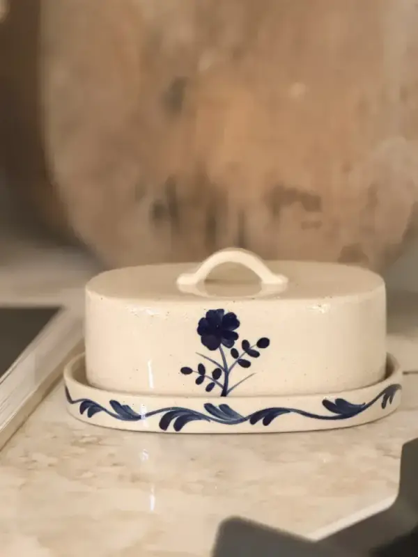 Ophelia & Co. Hand-Painted Stoneware Butter Dish With Flower, Blue And White & Reviews | Wayfair
