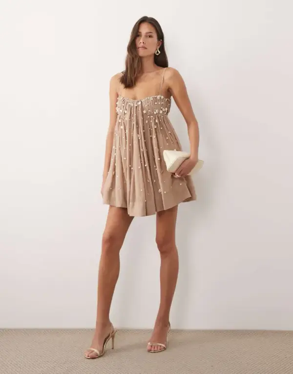 ASOS DESIGN shell embellished mini dress in taupe