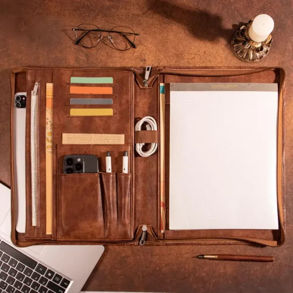 Personalized Leather Portfolio, Zippered A4 Padfolio with Tablet Pocket, Custom Name Business Organizer, Employee or Corporate Gift