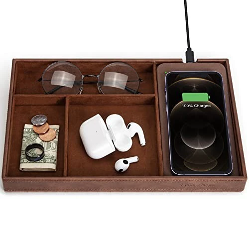 Valet Tray, Built in Wireless Charging Pad, Nightstand Organizer