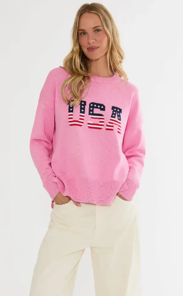 Callie Sweater Prism Pink Americana | Pink Patriotic Sweater | Beach Riot