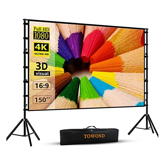 TOWOND Projector Screen and Stand, 150 inch Indoor Outdoor Projection Screen, Portable 16:9 4K HD Rear Front Movie Screen with Carry Bag Wrinkle-Free Design for Home Theater Backyard Cinema