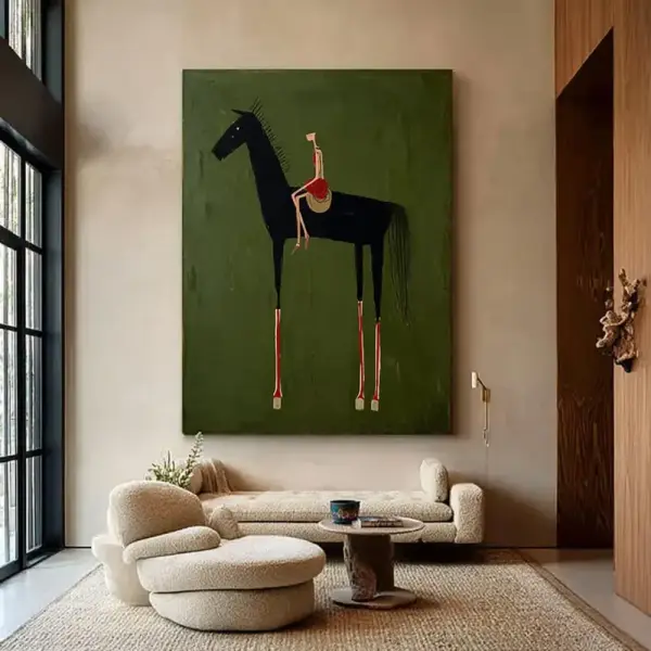original Equestrian and horse oil painting Horse racing and Riders wall art horse wall art large green textured wall art man painting