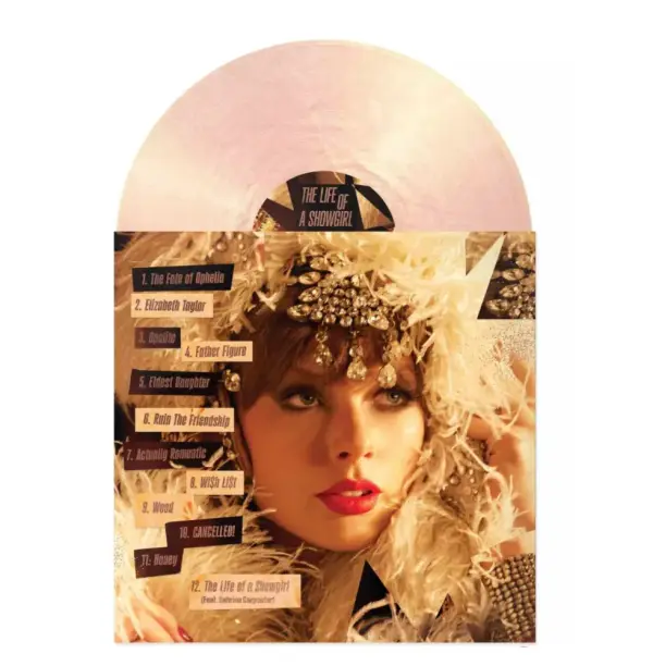 The Life Of A Showgirl Limited Edition, Opaque Pink & Pale Yellow With Gold Shimmer Record Disc, Includes Lyric Booklet & Poster