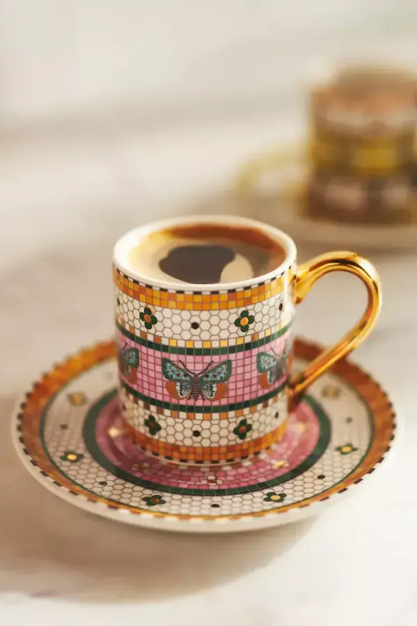 Bistro Tile Stoneware 24k Gold Accent Espresso Cup & Saucer: Garden Edition