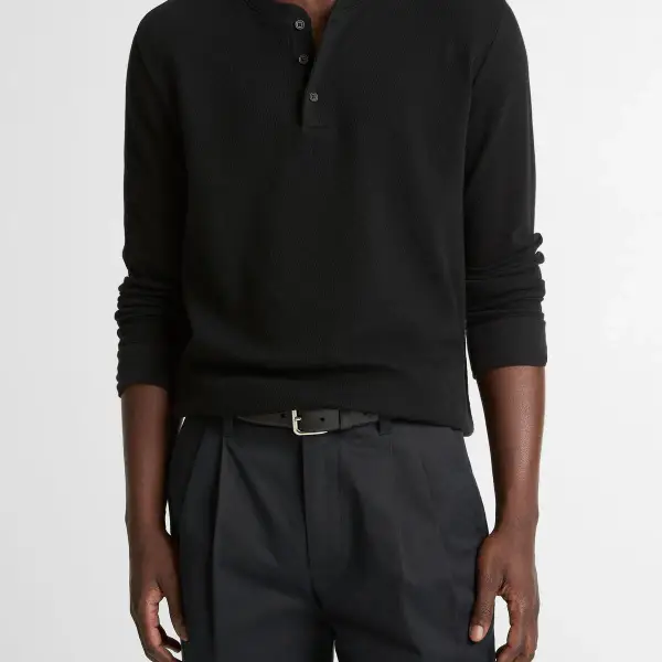 Jacquard-Rib Cotton Henley Top