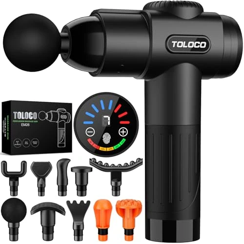 TOLOCO Massage Gun, Deep Tissue Back Massage for Athletes for Pain Relief, Percussion Massager with 10 Massages Heads & Silent Brushless Motor, Valentines Day Gifts for Him Her, Black