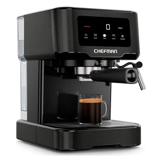 Chefman CraftBrew Espresso Machine, 15-Bar Pump Digital Espresso Maker w/Steam Wand for Latte & Cappuccino, Compact Espresso Coffee Machine w/ 1.5L Removable Water Reservoir - Stainless Black