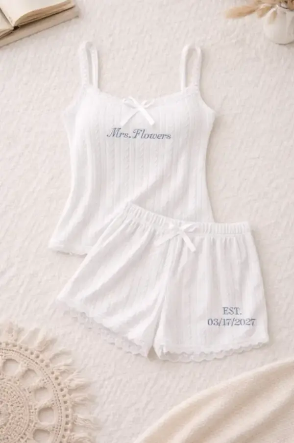 Personalized Bride Pajama Set, Ribbed Tank and Shorts, Embroidered Bridal Sleepwear