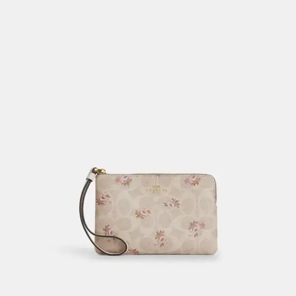 Coach Outlet Corner Zip Wristlet In Signature Canvas With Floral Print - Women's Wristlets - Gold/sand, Size: Small Wristlet