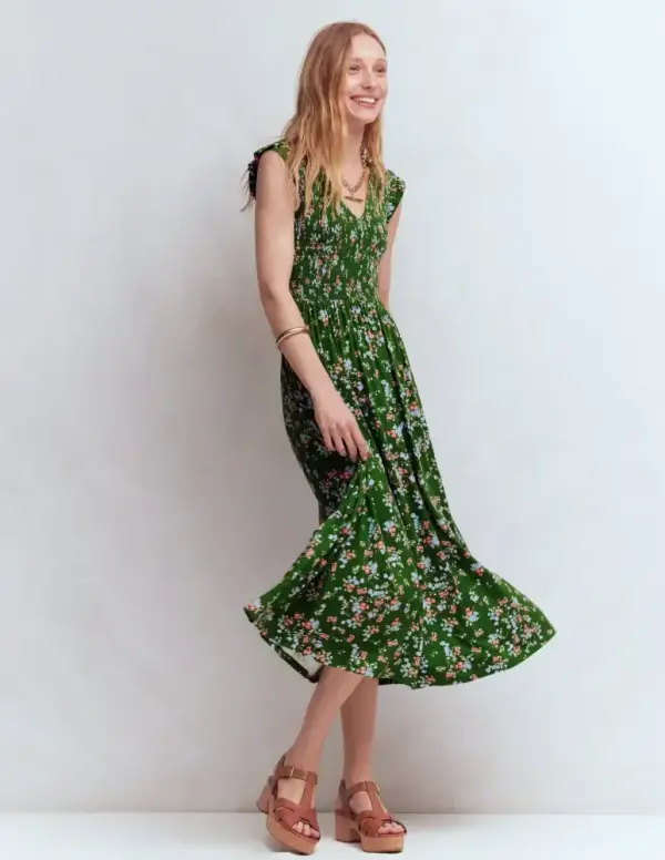Smocked Jersey Midi Dress-Promenade Green, Bloom Scatter