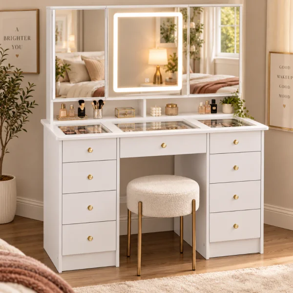 FUFU&GAGA White Makeup Vanity Desk 9 Drawers Wood Dressing Table With 3 Mirrors, Glass Top, Hidden Storage Shelves, LED Lighted KF210213-02 - The Home Depot