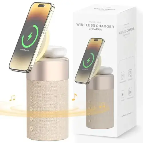 COLSUR Bluetooth Speaker, Magnetic Wireless Charger, Bluetooth Speakers with Night Light, 2 in 1 Wireless Charging Station for iPhone 17/16/15/14/13/12 Series, AirPods Pro 2/4/3/2（Gift Ideal）(Yellow)