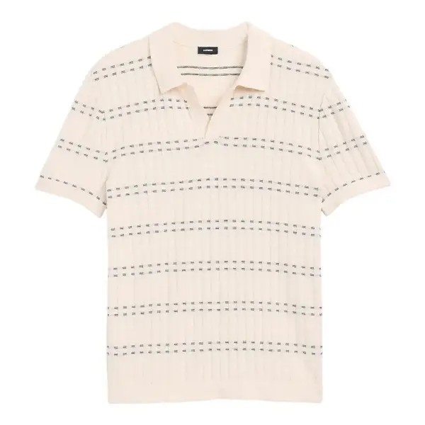 Striped Textured Cotton Johnny Collar Sweater Polo Top