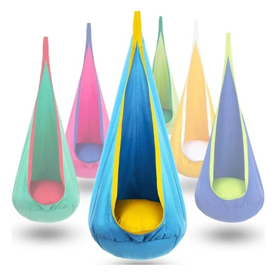 Y-STOP Kids Pod Swing Seat, Hanging Hammock Chair with Inflatable Pillow, Sensory Swing Chair with Pocket for Indoor and Outdoor (Blue Yellow)