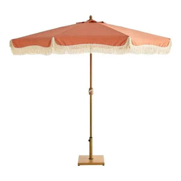 Terracotta Fringe Crank & Tilt Round Patio Umbrella with Faux Wood Pole, 9'