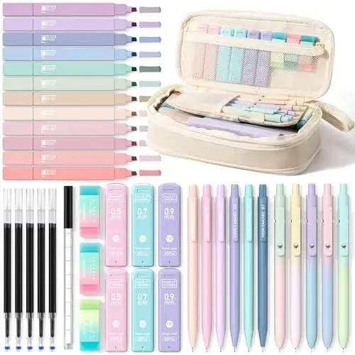 Four Candies 39PCS School Stationery Set, Pen Case with Supplies, Cream