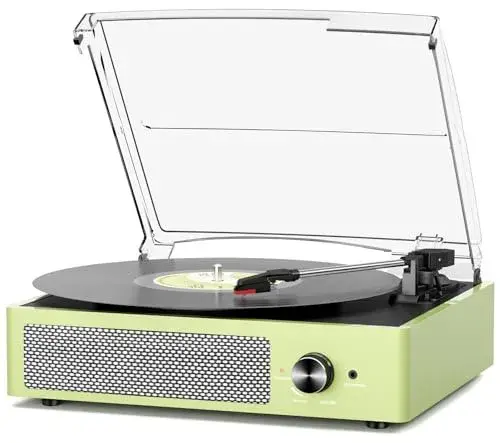 Vinyl Record Player with 2 Stereo Speakers Belt-Driven Vintage Turntables 3 Speed 3 Size Wireless Bluetooth Playback AUX-in RCA Out Headphone LP Vinyl Players Auto Stop Light Green
