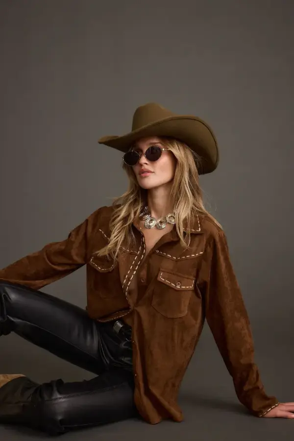 Rustic Pines Brown Suede Button Down Top