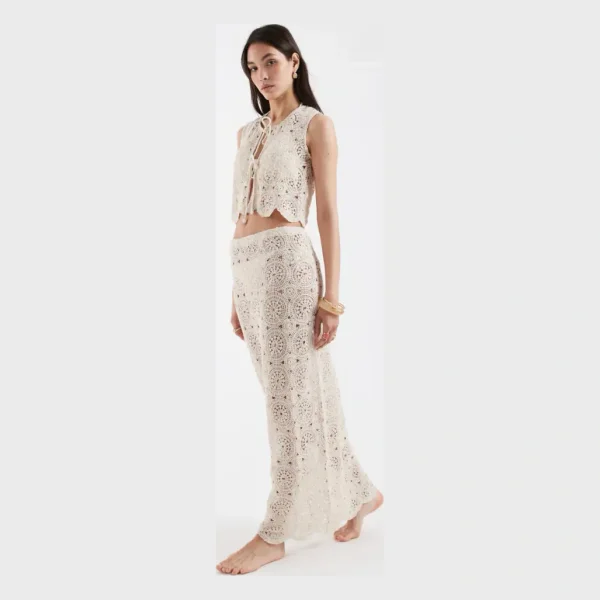 4th & Reckless cotton rich crochet floral tie front cropped beach vest and maxi skirt set in beige | ASOS