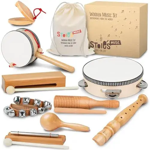 Stoie's Wooden Kids Musical Instruments for 3-9 Years Old, with Drum, Hand Bells, Flute, Maracas, Castanet, Tamburine, for Babies and Toddlers, Durable, Safe, Montessori Educational Toy, Storage Bag