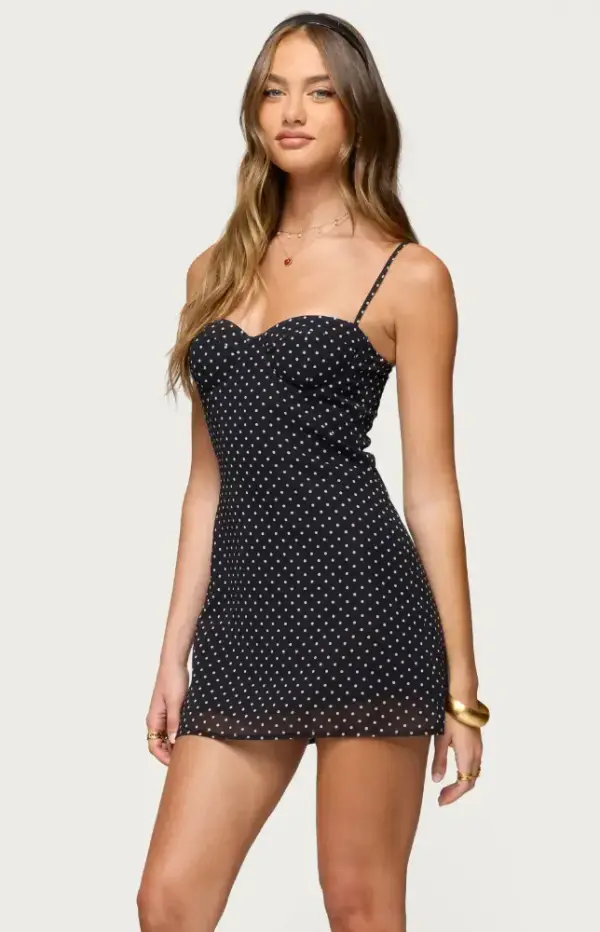 Polka Dot Cupped Chiffon Mini Dress