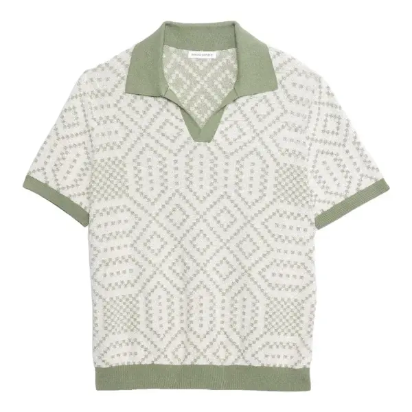 Linen-Cotton Blend Jacquard Polo Top