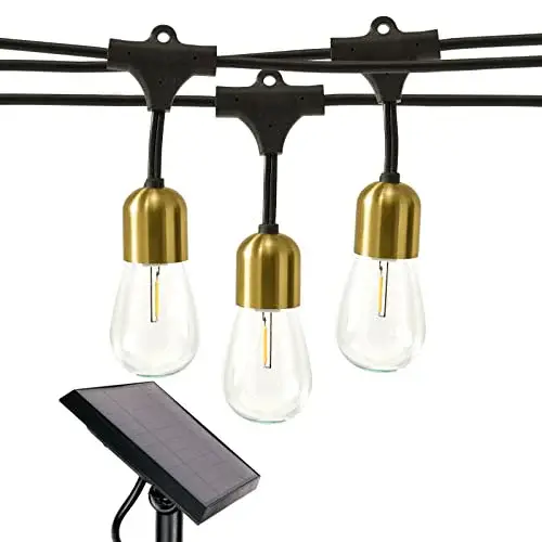 Brightech Glow Solar LED String Lights - Commercial Grade Waterproof Patio Lights with Beautiful Brass Accents - Shatterproof LED Solar Outdoor String Lights - 1W, Soft White Light - 27 Ft