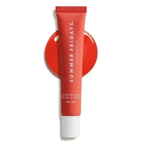 Summer Fridays Lip Butter Balm - Moisturizing Lip Gloss for Instant Shine + Sheer Color - With Nourishing Shea Butter - Everyday Makeup + Skin Care Summer Essentials - Vegan - Poppy (.5 Oz)