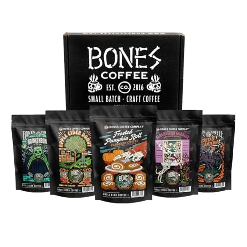 Bones Coffee Company Fall Favorites Pack, 5 Assorted Flavored Coffee Low Acid Medium Roast Arabica Beans Specialty Coffee Gifts, Auto Drip and French Press Compatible, 4 oz Pack of 5 Ground