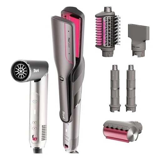 Shark Flex Fusion Hair Straightener & Powerful Hair Dryer with Fusion Hair Brush, Air Styler with Auto-Wrap Hair Curlers, Concentrator, & Frizz Fighter, Metallic Mist, HD651S