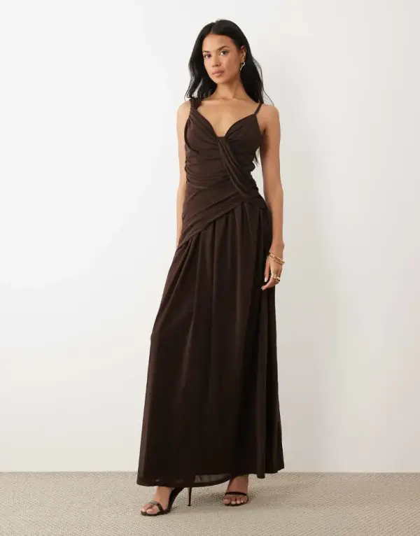 ASOS DESIGN stretch chiffon draped cowl asymmetric maxi dress in brown