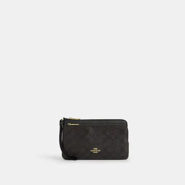 Coach Outlet Double Zip Wallet In Signature Canvas - Women's Wristlets - Gold/walnut/black, Size: Large Wristlet