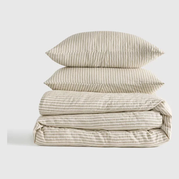 100% European Linen Duvet Cover Set in Willowleaf/White Stripe