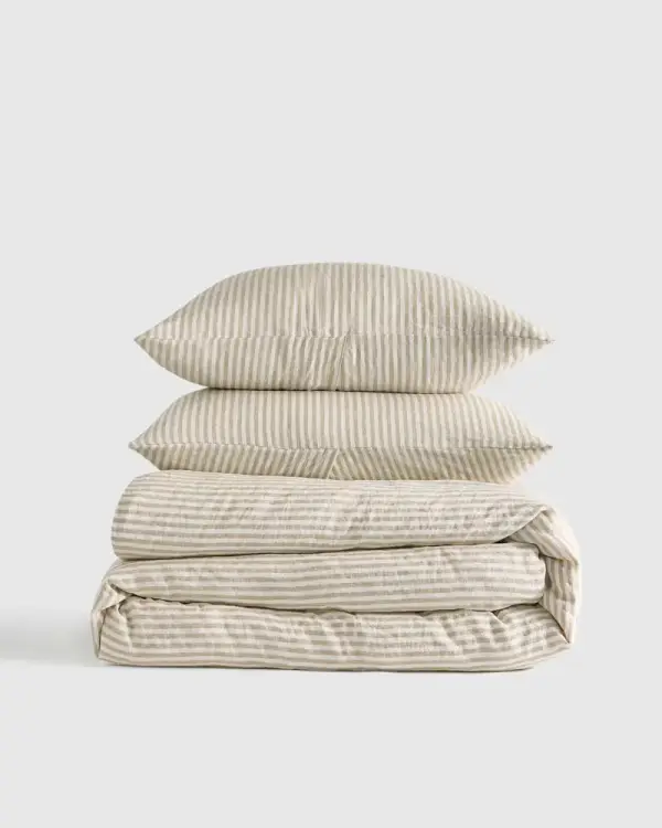 100% European Linen Duvet Cover Set in Willowleaf/White Stripe