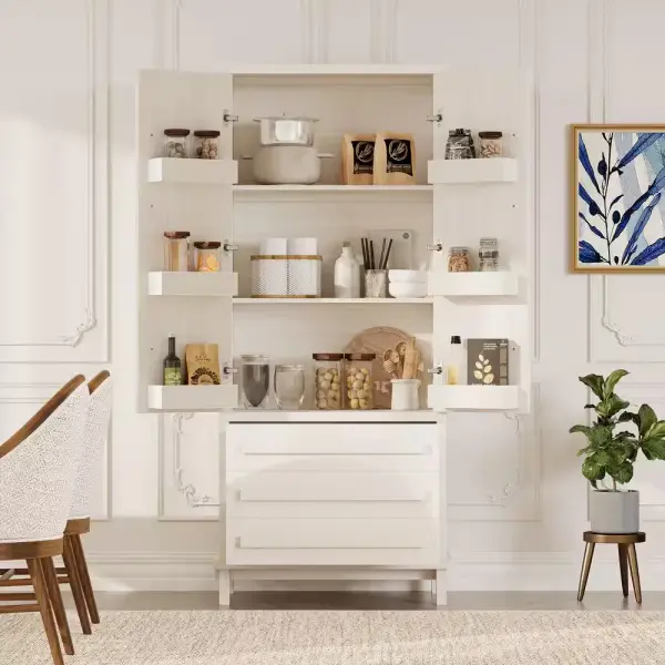 Harper & Bright Designs White 70.1 in. H 2-Door Kitchen Pantry Organizer, Luxurious Wood Storage Cabinet with 6-Door Shelves and 3-Drawers NH762004K - The Home Depot