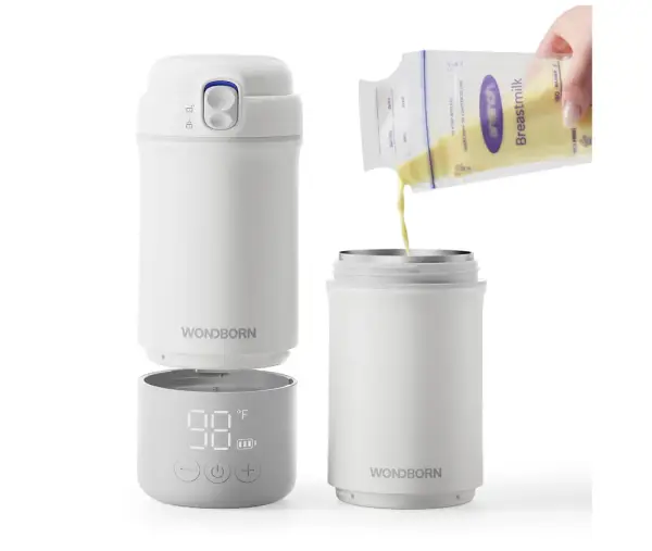 WONDBORN Portable Bottle Warmer for Travel, Dishwasher Safe, 3X Faster & Even Heating, 8 Feeds per Charge, 17oz, 1℉ Precise Adjust, Thaw, Keep Warm, Use While Charging, for Breastmilk & Formula