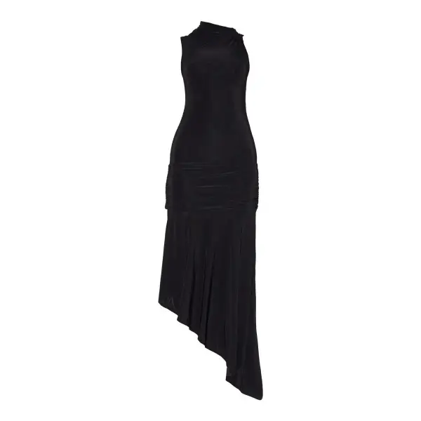 Double Layer Slinky Asymmetrical Ruched Midaxi Dress