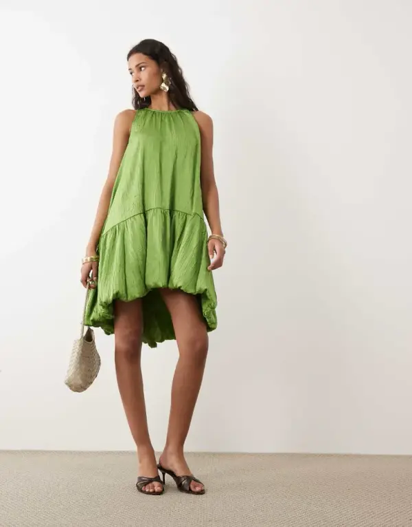 ASOS DESIGN satin mini racer dress with asym bubble hem in green