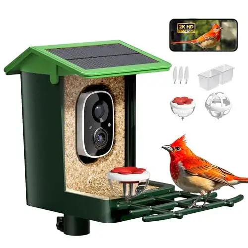 Bird Feeder with Camera Solar Powered 2K HD Video, 10,000+ Species AI Recognition, Real-Time App Alerts, and Weatherproof Design for Effortless Birdwatching, Gift for Bird Lovers, Grass Green