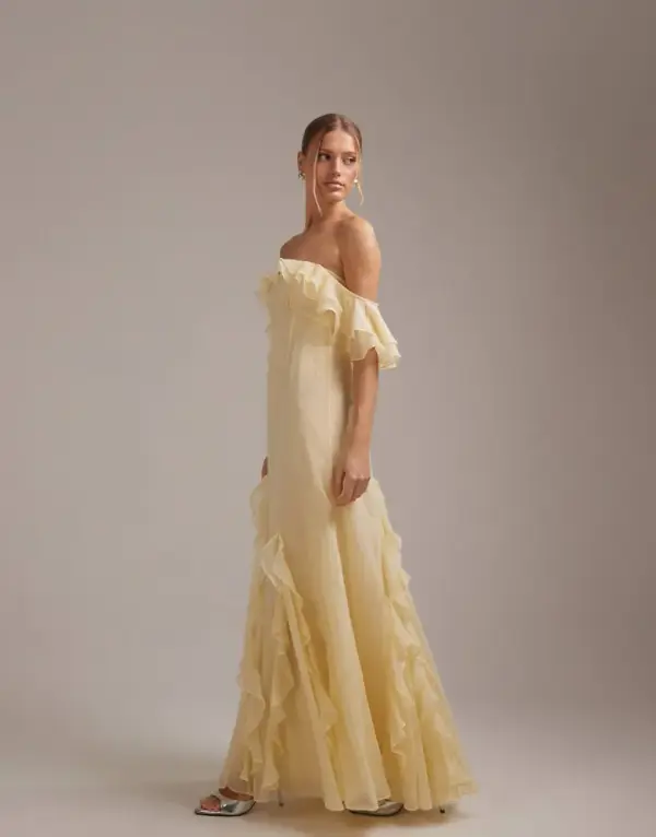 ASOS DESIGN bridesmaids bardot ruffle chiffon maxi dress in yellow