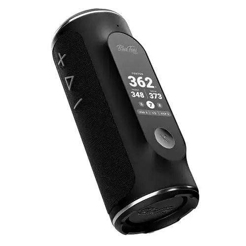 Blue Tees Golf Player+ AI-Powered GPS Speaker - Touchscreen Display, 10+ Hour Battery, 40,000+ Courses, Visual & Audible Distances, Hazard Detection, IPX7 Waterproof (Black)