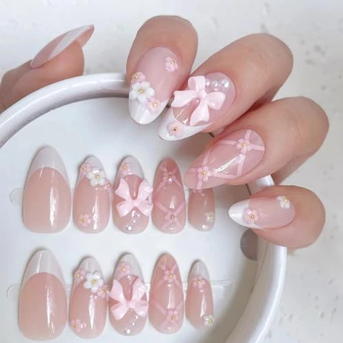 Blush Bow French Press on Nails Medium Almond Fake Nails Kit 24PCS