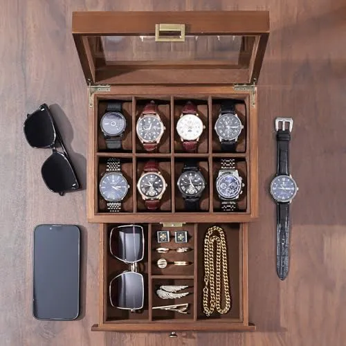 ProCase Wooden Watch Case, 8 Slot Mens Watch Box with Drawer, 2-Layer Mens Jewelry Box Storage Holder Organizer Display Case, Anniversary Birthday Christmas Gifts for Men Women -8 Slot, Brown