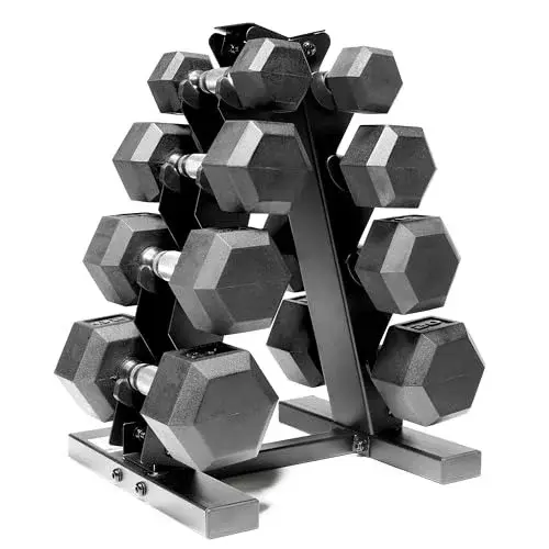 CAP 100 lb Rubber Coated Hex Dumbbell Set with Vertical Rack, Space-Saving A-Frame Storage for Home Gym Strength Training, Chrome Handle