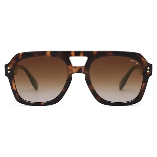SOJOS Retro Thick Polarized Aviator Sunglasses for Women Men, Large Trendy Bold Square Pilot Shades SJ2385, Brown Tortoise/Brown