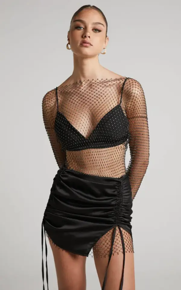 Sharlize Mini Dress - Diamante Mesh Long Sleeve Dress in Black